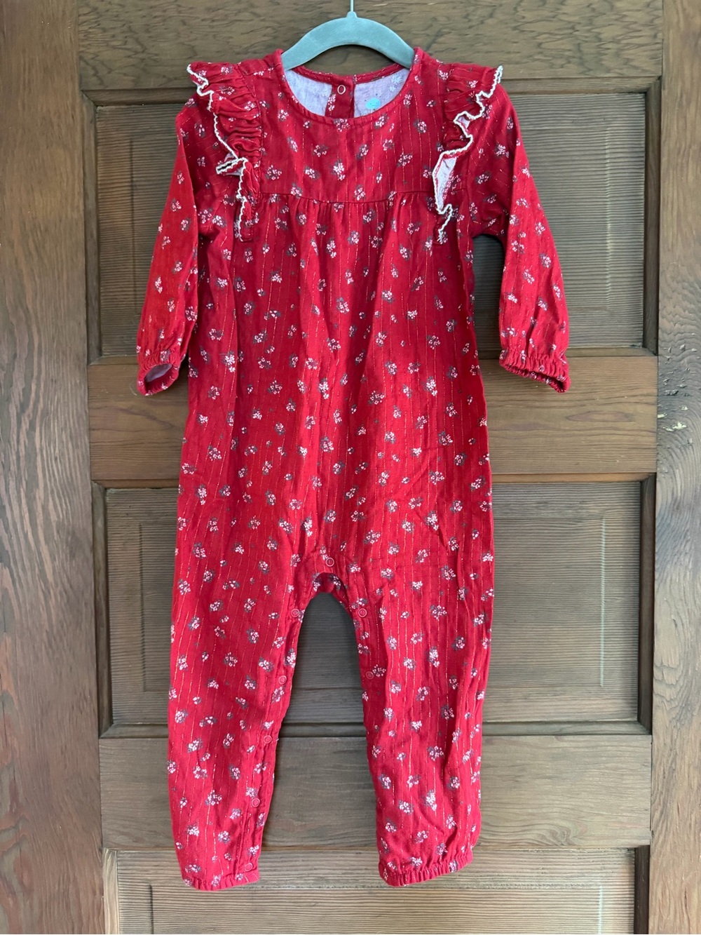 Cloud Island Holiday Romper Pajamas Red Floral Ruffle-Trim One-Piece Size 24M